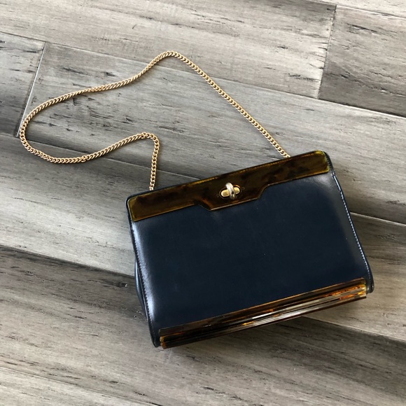 Vintage Handbags - Vintage 80’s Navy & Tortoise Lucite Shoulder Bag w/ Chain Strap